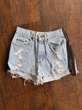Light Blue Distressed Denim Jean Shorts with Side Zip Accent
